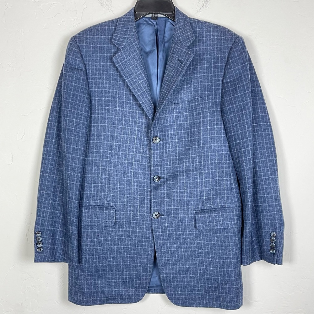 Hickey Freeman Blazer Sport Coat Jacket Windowpane Plaid Blue‎ 3 Button Career